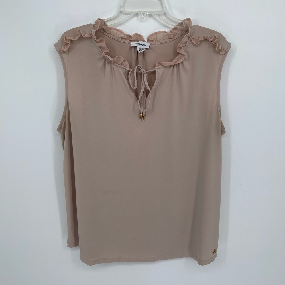 Calvin Klein Women's Taupe Ruffle Tie Keyhole Neck Sleeveless Top Blouse Size XL
